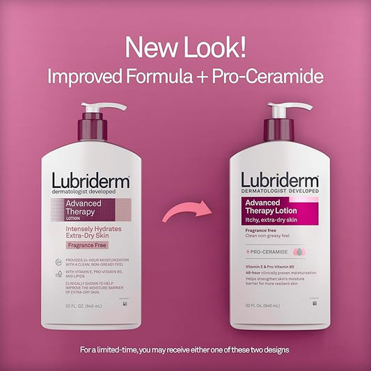 Lubriderm Advanced Therapy Moisturizing Hand and Body Lotion + Pro-Ceramide with Vitamin E and Pro-Vitamin B5, Non-Greasy, Fragrance-Free, Intense Hydration for Itchy, Extra Dry Skin, 32 FL OZ