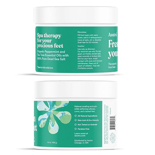 ASUTRA Invigorating and Therapeutic Foot Soak + Pedicure Pumice Stone (Dead Sea Salt w/Tea Tree & Peppermint Oils), 16 oz - Helps to Soften Calluses, Corns, and Cracked Feet