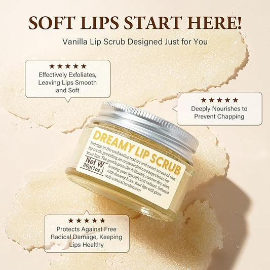 Vanilla Lip Scrub - Natural Sugar Exfoliator for Chapped Lips - 1.05 oz - Nourishing, Smooth & Soft Conditioning
