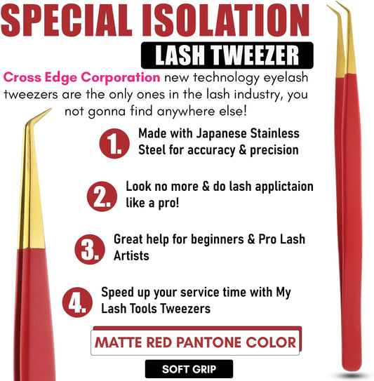 Isolation Tweezers for Eyelash Extension – 14cm Curved, Matte Red with Gold Tip, Stainless Steel, Best for Individual Isolation & Classic Lashes, Pinzas para Pestaña (Matte Red Gold Tip)
