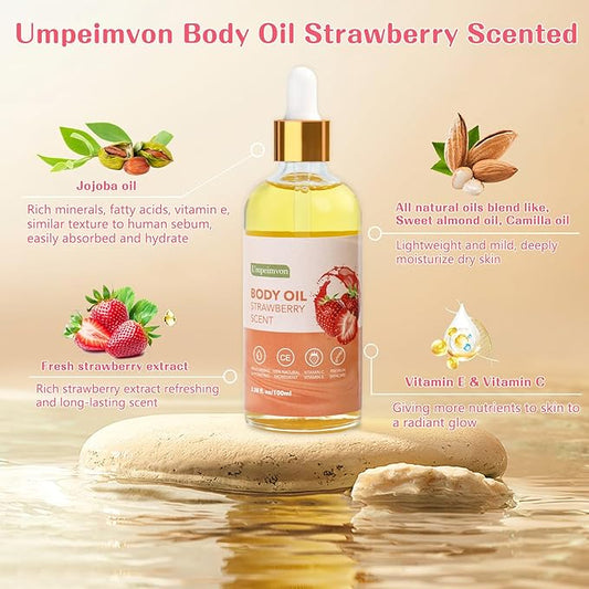 2 Pack 3.38 fl.oz Strawberry Body Oil after Shower, Vitamin C & E Gua Sha Body Oils Scented Body Oils for Women, Dry Body Oil Juice for Skin