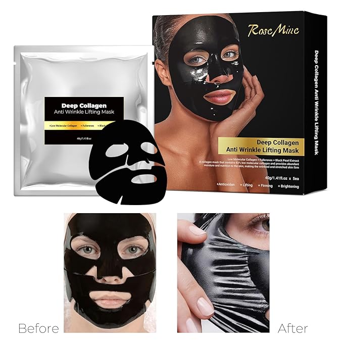 Black Pearl Collagen Face Mask Sheet, Hydrating and Anti-Aging Face Mask with Fullerene and Black Pearl Essence to Nourish Skin, 40g x 5ea