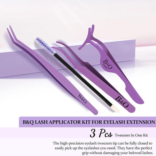 Eyelash Applicator Tool 3 PCS Lash Applicator Tool Kit Lash Tweezers for Eyelash Extensions Application Tool and Removal (Purple,3 PCS)