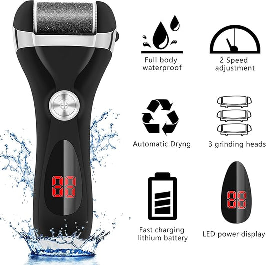 Electric Foot Callus Remover Kit, Elmchee Rechargeable Pedicure Tools Foot Care Feet File with 3 Roller Heads,2 Speed,Battery Display for Remove Cracked Heels Calluses and Dead Skin(Black)