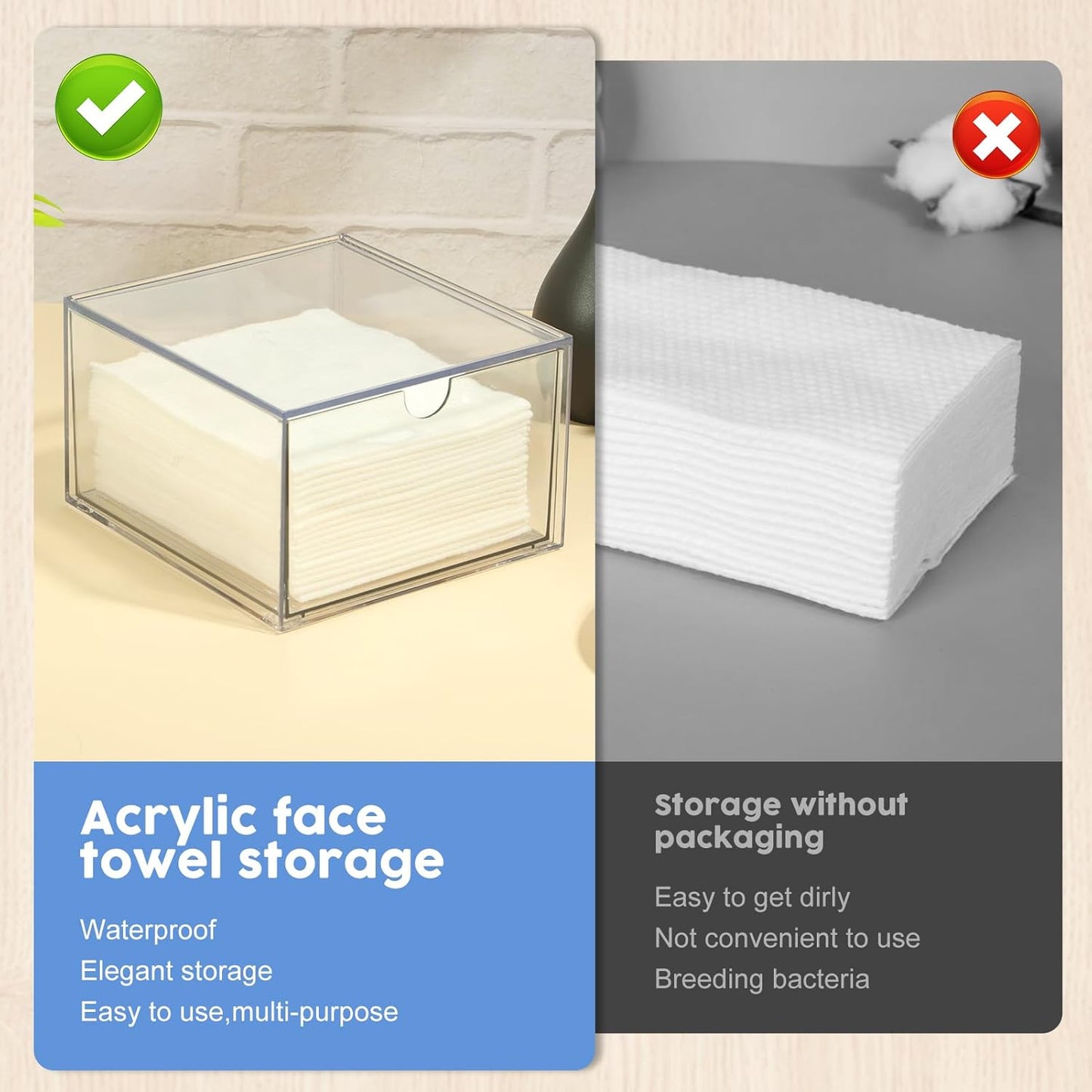 Rainmae Disposable Face Towel Holder, Face Towel Storage Box Bin, Stackable Clear Makeup Organizer with Drawer for Clean Skin Club Face XL Towels Holder for Vanity Bathroom and Makeup Organization