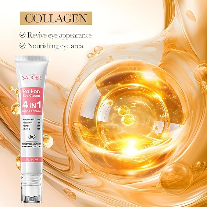 Eye Cream with 30% Retinol, 10% Hyaluronic Acid, 5% Nicotinamide, 10% Vitamin C for Puffy Bags Fine Lines Dark Circles Wrinkles, Under Eye Cream with 360° Roller Massage Ball, 0.7 fl. oz