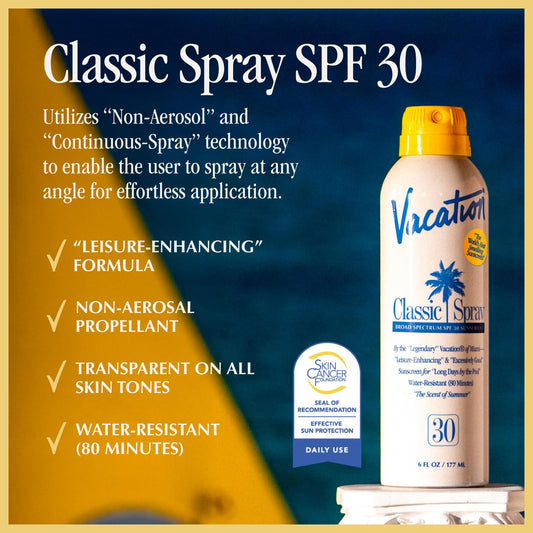 Vacation Classic Sunscreen Spray SPF 30 & Air Freshener Bundle, Water-Resistant, Lightweight, Transparent on All Skin Tones, Dermatologist-Tested, Vegan, 6 Fl. Oz.