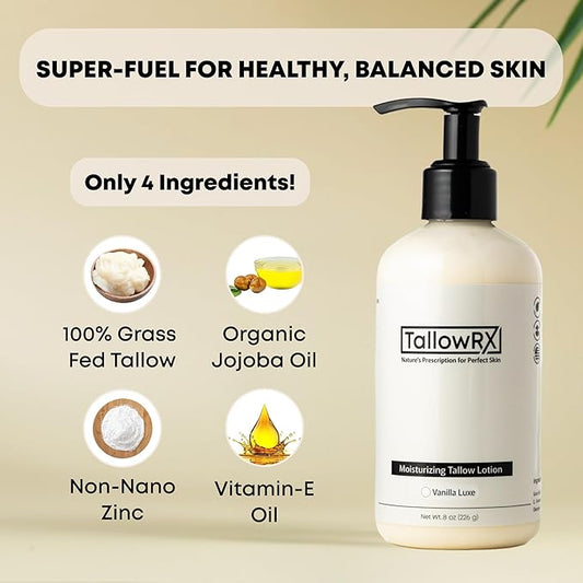 Tallow Body Lotion – 100% Grass-Fed Beef Tallow for Skin – Pure & Organic Moisturizer with Jojoba Oil & Vitamin E – Deep Hydration & Nourishment for Dry Skin (8 oz, Vanilla Scented)
