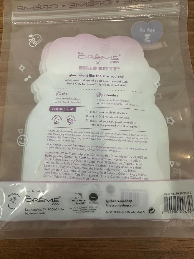 The Crème Shop x Hello Kitty Clear Cutie Printed Essence Sheet Mask, K Beauty Facial Mask (3pk)