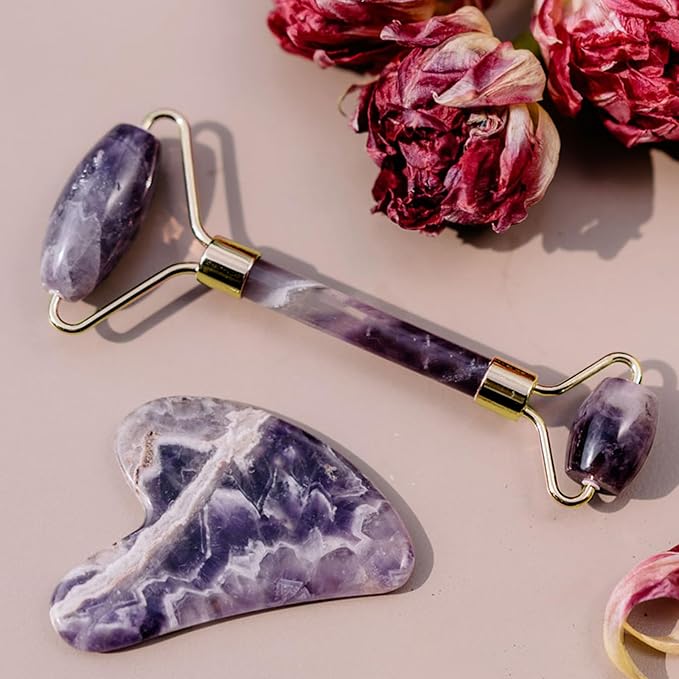ROSELYNBOUTIQUE Gua Sha Facial Tools & Face Roller for Wrinkless Natural Skincare Tool Jade Roller Guasha Tool for Face (Amethyst)