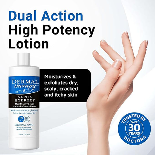 Dermal Therapy Alpha Hydroxy Lotion - High Potency AHA Exfoliating Moisturizer for Dry, Scaly Skin - 10% Lactic Acid & 10% Urea Lotion - Remove Skin Flakes - Fragrance-Free - 16 fl oz / 474 ml