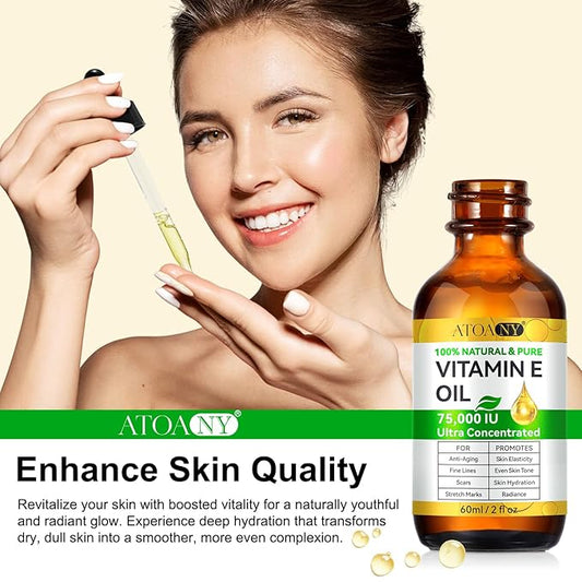 Vitamin E Oil for Skin 75,000 IU – 2 Pack Organic Vitamin E for Face, Hair, Scars, Nails, Ultra-Hydrating Body Oil for Dry Skin Wrinkles,Cold-Pressed, Non-GMO, Organic Skincare Formula –2 Fl Oz