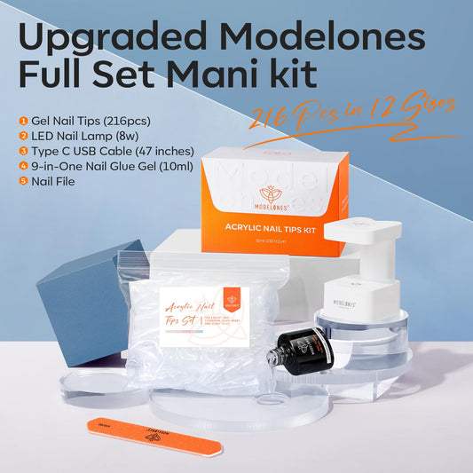 modelones Extra Short Almond Gel Nail Tips Kit, 9-in-One Nail Glue with Portable U V Lamp 216Pcs 12Sizes Pre-Etched Press ons Fake Acrylic Extension Kit DIY Salon Gift for Women