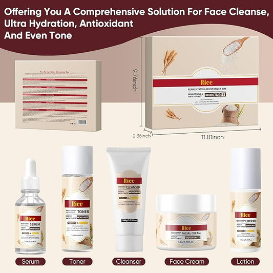 Rice Water Skin Care Set for Women & Men & Teens & Girls, Facial Kit with Cleanser 3.53oz, Toner 4.06oz, Serum 1.01oz, Lotion 3.38oz, Cream 1.76oz, Teenage Rice Moisturizing Travel Skincare Gift Set