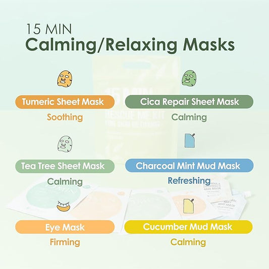 15 Min Rescue Me Kit by Naisture – Korean Spa and Skincare Kit for Women with Cica, Turmeric, and Tea Tree Sheet Masks, Eye Mask, Calendula Cucumber Mask, and Charcoal Mint Mud Mask