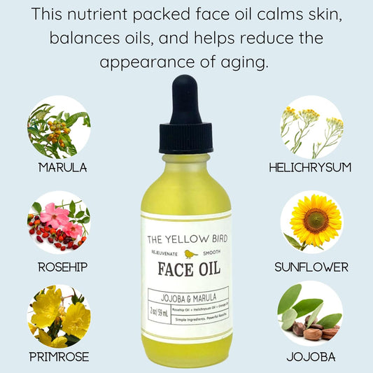 Yellow Bird Nourishing Face Oil - All Natural Hydrating, Anti Aging Facial Serum. Includes Jojoba, Marula, Primrose, & Rosehip for Restoring Skin