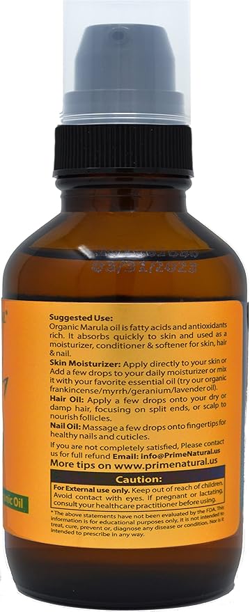 PRIME NATURAL Organic Marula Oil 4oz/120ml - USDA Certified - Cold Pressed, Unrefined, Virgin - 100% Pure, Natural, Vegan, Best for Face, Body, Hair, Nails, Skin Care