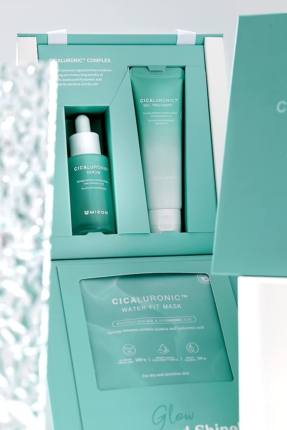 MIZON Cicaluronic Calming Set of 3 with Serum (1.01 Fl Oz) Gel Face Treatment (1.69 Fl Oz) and Water Fit Sheet Face Mask Korean Skincare Kit
