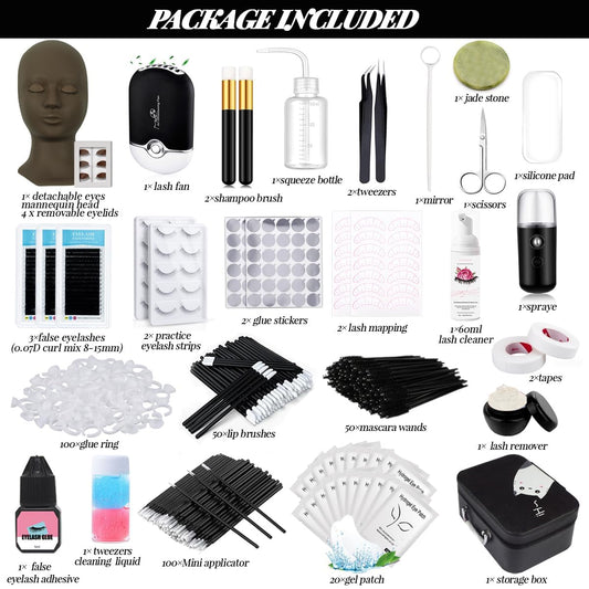 Lash Extension Kit Eyelash Practice for Beginners Professional Set with Mannequin Head Removable Eyelids USB Fan Spraye Individual False Lash Eyelash Strips Shampoo Brush Supplies Storage box