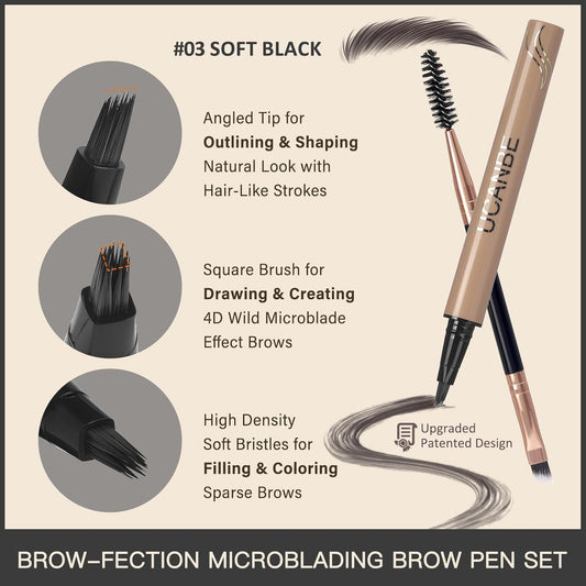 UCANBE Brow-Fection Angled Brush Eyebrow Pen, Liquid Microblading Eyebrow Pencils for Women, Wild Natural Brow Pen for Realistic Hair-Like Brows, Easy to Color, Waterproof, Lasts All Day, Soft Black