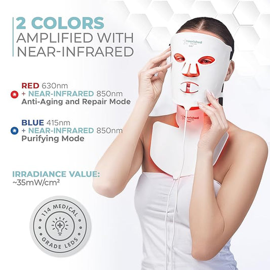 LED Face and Neck Mask with Near-Infrared - Blue, Red Light Therapy for Face - 228 LEDs - Skincare Tool for Wrinkles, Anti-Aging