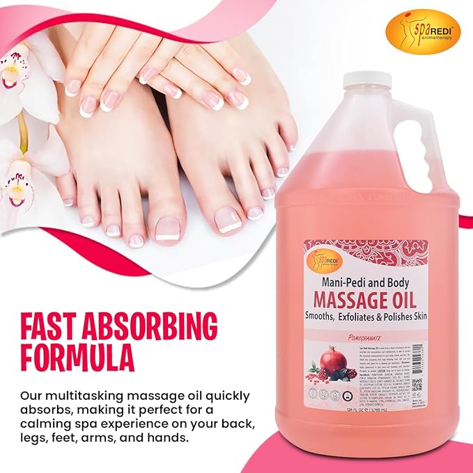 SPA REDI - Massage Oil, Pomegranate, 128 Oz - Professional Full Body Massage Therapy, Made with Almond Oil, Cotton Seed Oil, Sunflower Oil, Avocado Oil, Essential Oils and Vitamin E