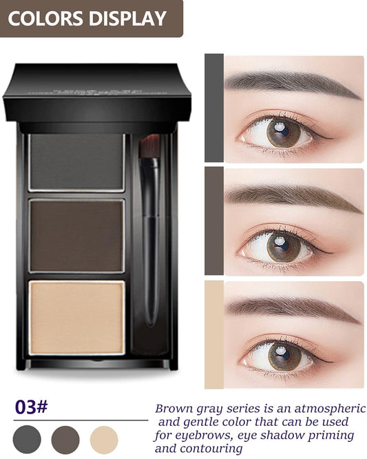 Eyebrow Powder Makeup Kit-3 Colors Eye Brow Powder Palette Long-Lasting Waterproof, Grey Brown Series Brow Filler, Fill & Sculpt Full Eyebrows for Women, With Mirror, Brow Brush & Razor-Set 03