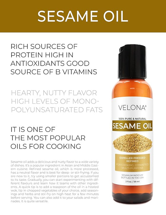 velona Sesame Seed Oil 2 fl oz | 100% Pure and Natural Carrier Oil | Refined, Expeller Pressed | Cooking, Skin, Hair, Body & Face Moisturizing | Use Today - Enjoy Results