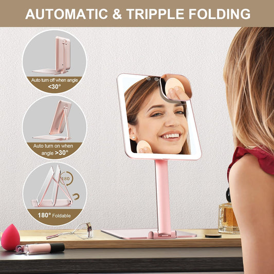 Mocado Travel Makeup Mirror with Light, Tripple Folding Vanity Mirror with Lights, 3 Colors Lighted Makeup Mirror, 1500mAh Rechargeable, Memory Function, Freely Adjust Height and Angle(Rose Gold)