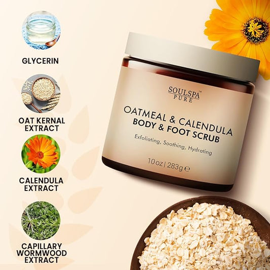 Oatmeal & Calendula Body & Foot Scrub - Soothing & Hydrating Exfoliating Body Scrub for Sensitive and All Skin Types, 10 oz