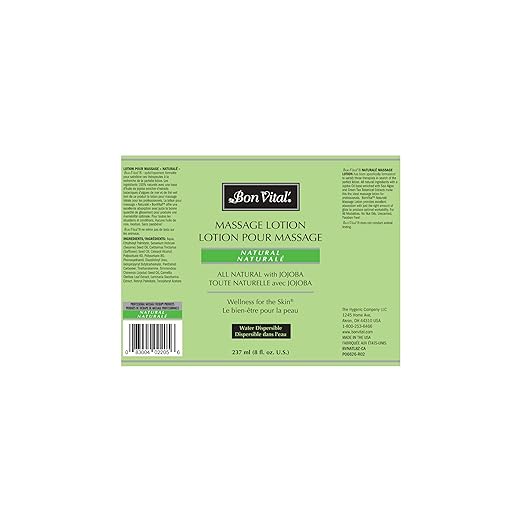Bon Vital' Naturale Massage Lotion with Natural Ingredients for Earth-Friendly Massage, All Natural Moisturizer, Relieves Muscle Soreness and Increases Circulation, 8 Oz, Label may Vary