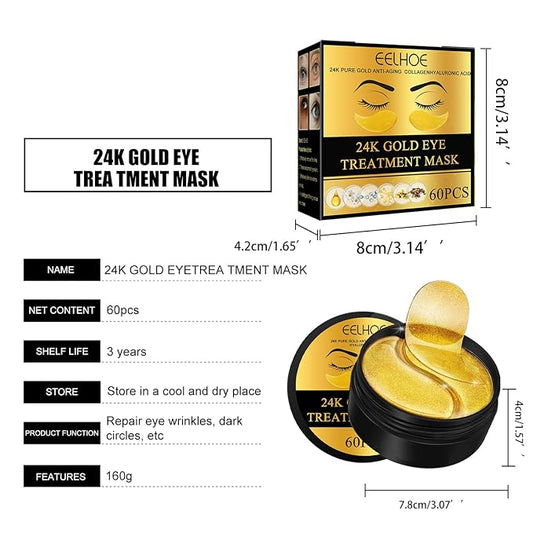 Q.Z.Art 60 Pcs 24K Gold Under Eye Patches, Anti-Aging Eye Mask Infused with Collagen and Hyaluronic Acid - Reduce Dark Circles, Puffiness, and Wrinkles