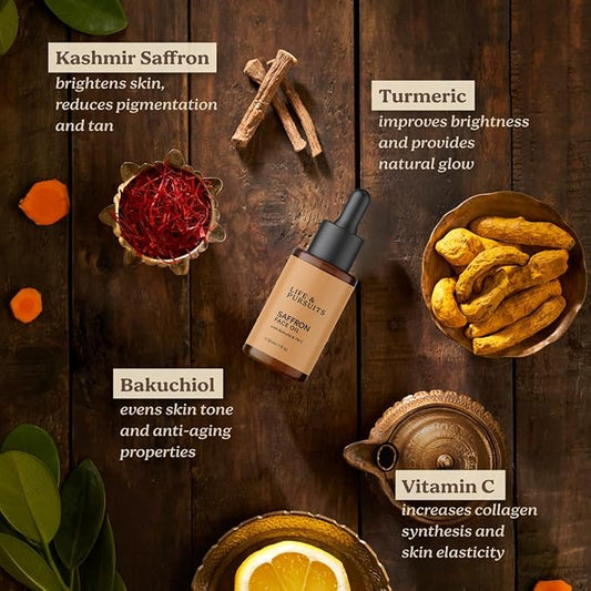 Life & Pursuits Saffron Face Oil 1 Fl Oz with Kashmir Saffron, Bakuchi, Vitamin C for Face Brightening, Moisturizing, Dark Spots, Fine Lines, Wrinkles. Lightweight Daily Face Massage oil | Anti-Aging