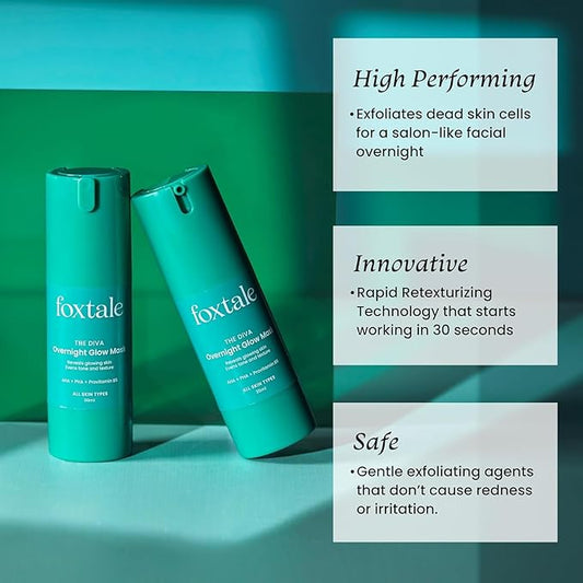 Foxtale The Diva Overnight Glow Mask, 4% Glycolic Acid, 3% Lactic Acid, 30 Second Salon like Brightening Facial for Clear, Smooth & Soft Skin, Men & Women - 1.05Oz