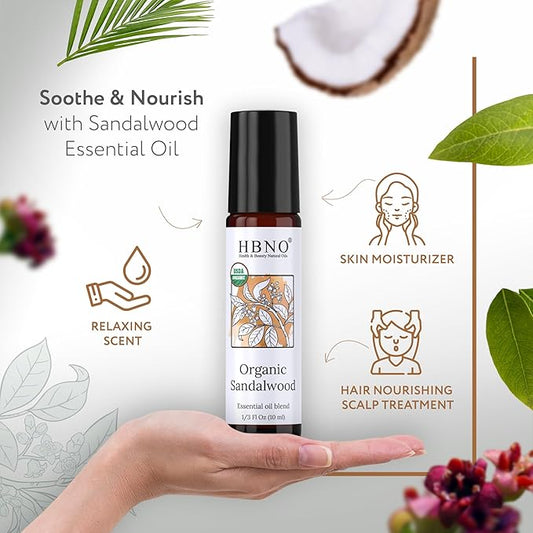 HBNO Organic Australian Sandalwood Essential Oil Roll-On -1/3oz(10 ml) Travel Size-USDA Certified Organic Sandalwood and Mct OilsPerfect for Traveling,Aromatherapy,Massage,perfumes,moisturizer