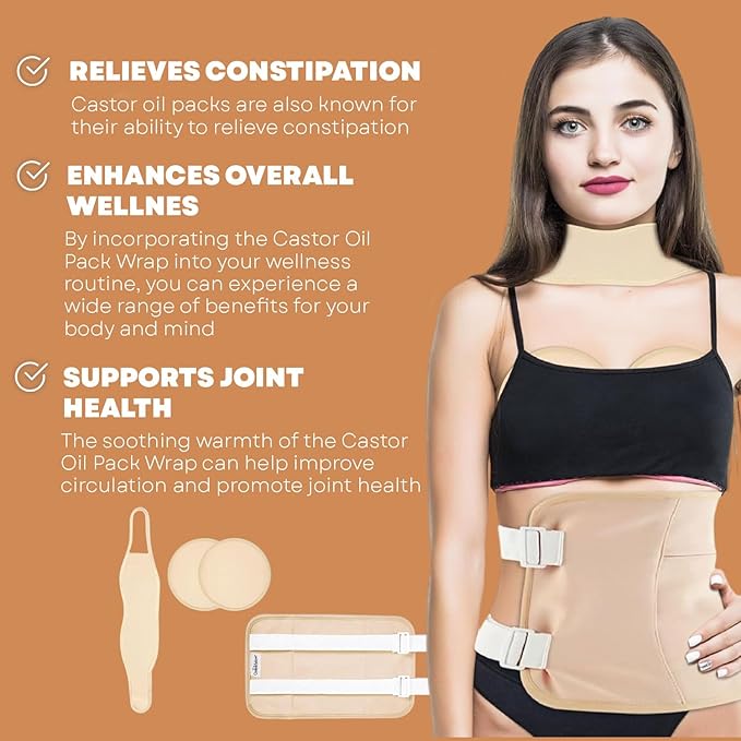 Castor Oil Pack Wrap Kit, 4 Pcs Organic Cotton, Adjustable Strap for Neck, Waist, Chest, Knee, Reusable, Washable - Detox, Constipation, Inflammation (Khakhi)