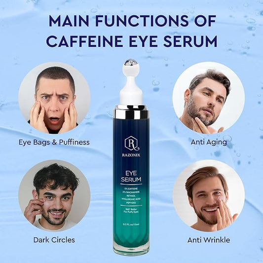 Eye Bags Treatment for Men: Men’s Under Eye Cream and Roller for Puffiness and Dark Circles – 5% Caffeine Depuffer
