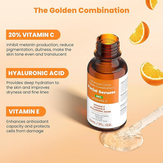 20% Vitamin C Face Serum with Golden Combination of Hyaluronic Acid and Vitamin E | Reduce Acne Spots | Even Skin Tone | Hydrating Face Serum Moisturising & Firming Skin Care | 1 Fl. Oz