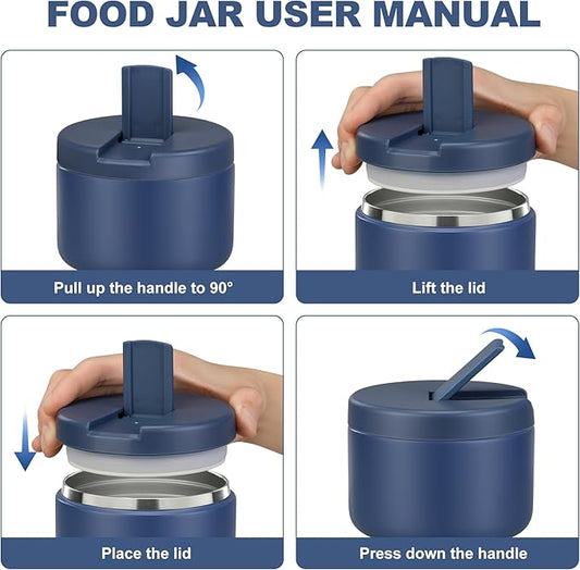 12oz Kids Soup Thermo for Hot Food Insulated Vacuum Food Jar with Buckle Lid, Stainless Steel Wide Mouth Leak Proof Lunch Container for School Travel-Blue