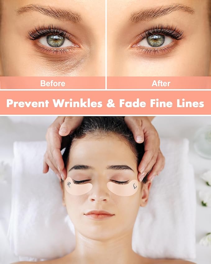 2 Pairs Reusable Under Eye Wrinkle Patches Silicone Mask, Plump Fine Lines & Wrinkles, with Metal Eye Cream Applicator, Tin Case, Cream Color