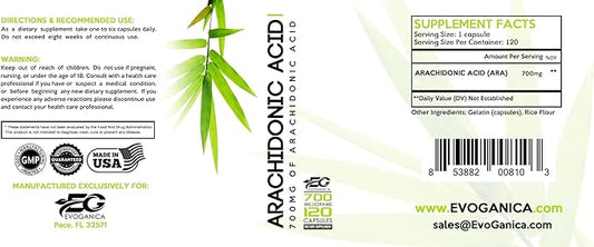 Arachidonic Acid - 700 Mgs Per Serving - 120 Servings Per Bottle - Max Strength - by Evoganica