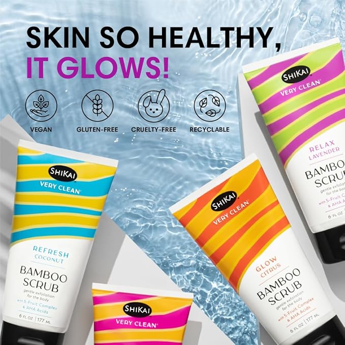 ShiKai Very Clean Bamboo Body Scrub (Relax Lavender, 6 oz) | Gentle Hydrating & Exfoliating Skin Cleanser | With 5 Fruit Complex & AHA Acids