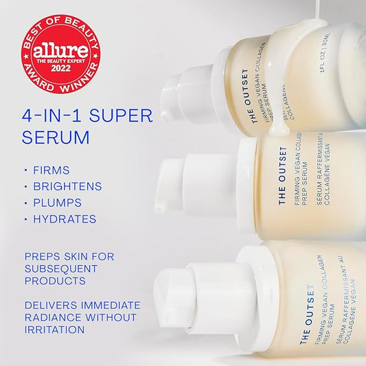 The Outset Firming Vegan Collagen Prep Serum - Gentle, Fragrance Free Multi-Benefit Serum - Hydrating, Brightening, Plumping and Anti-Aging - Clean, Vegan, Gluten Free - All Skin Types - 1 fl oz