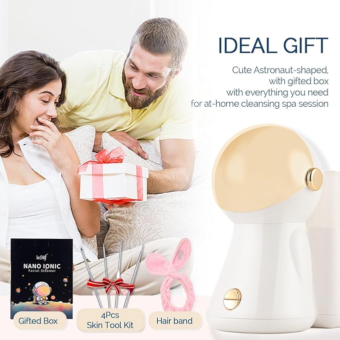 Facial Steamer,with 7 Colors Led Light,Face Steamer for Facial Deep Cleaning,Warm Mist Nano Ionic Steamer for face,Steam Humidifier,Facial Steamers Home Facial spa, Gift for Women(Gold with Light)