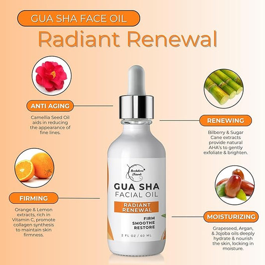 Brookethorne Naturals Gua Sha Oil for Face | Radiant Renewal Facial Oil for Gua Sha Massage & Dermaplaning | 100% Natural Hydrating Face Oil with Jojoba, Rosehip, Argan Oil & AHAs to Firm & Restore