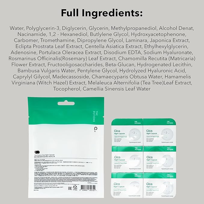 The Potions Cica Night Capsule | 6 Count, 2 ml each | For Acne prone skin, sensitive skin | Skin Soothing, Skin Balance, Skin Barrier | Product of Korea