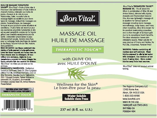 Bon Vital' Therapeutic Touch Massage Oil Made with Olive Oil to Repair Dry Skin & Soothe Sore Muscles, Lightweight Oil Perfect for Any Massage to Hydrate and Nourish Dry, Rough Skin, 8 Ounce Bottle