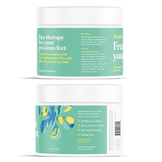 ASUTRA Invigorating and Therapeutic Foot Soak + Pedicure Pumice Stone (Dead Sea Salt w/Tea Tree & Eucalyptus Oils), 16 oz - Helps to Soften Calluses, Corns, and Cracked Feet
