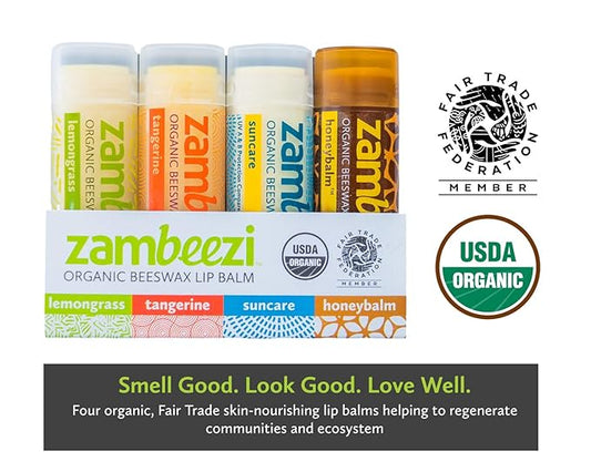 Fair Trade, Organic Beeswax Lip Balm - Variety 4 Pack (Lemongrass, Tangerine, Suncare and Honeybalm) - Ethically Sourced