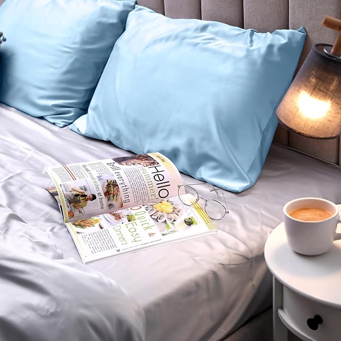 2 Pack Satin Pillowcase with Latent Zipper, Adjustable Satin Eye Mask for Sleeping and Satin Volume Scrunchie for Hair and Skin, Standard Size (Classic Style, Blue)